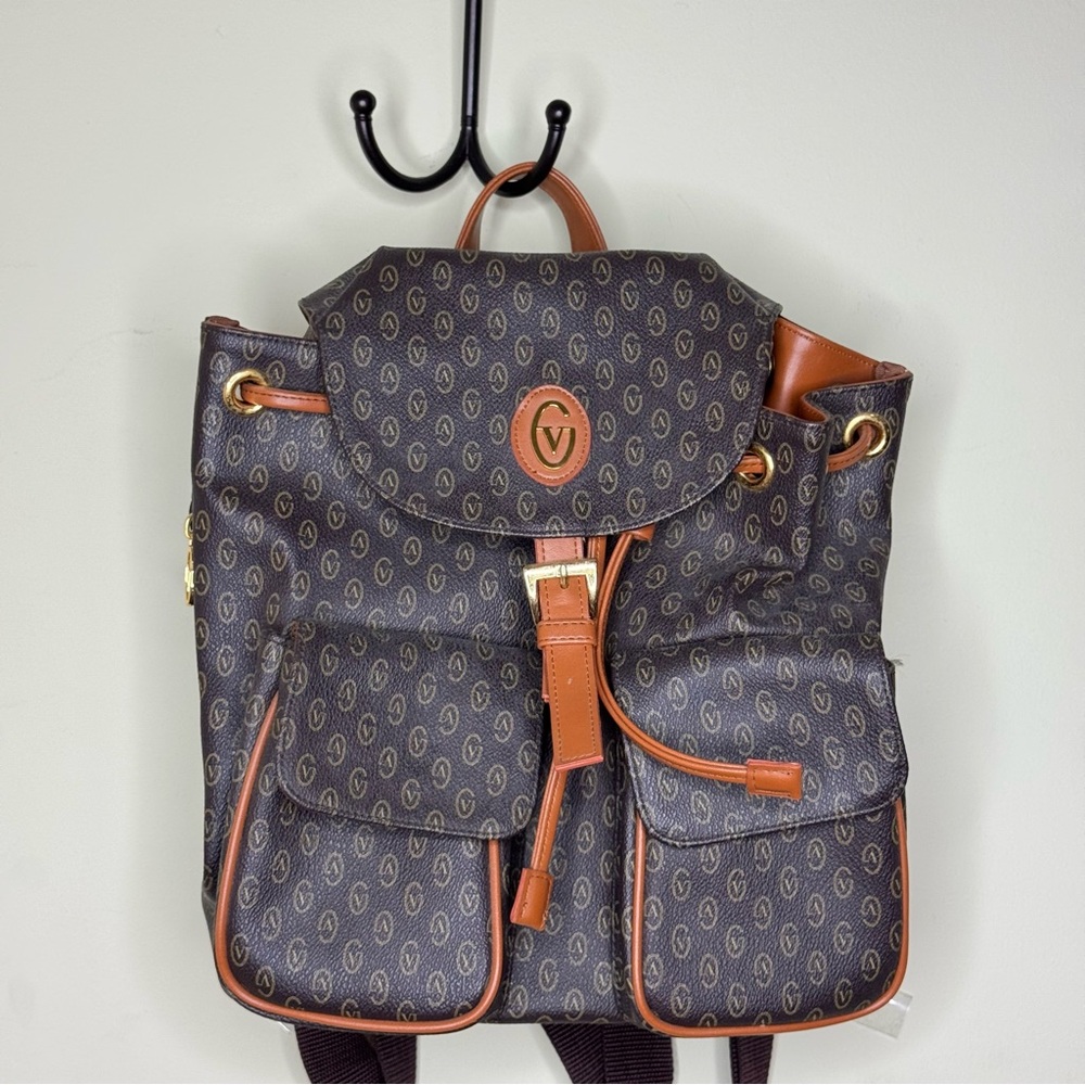 Valentino Garavani Brown Monogram Backpack with Tan Trim